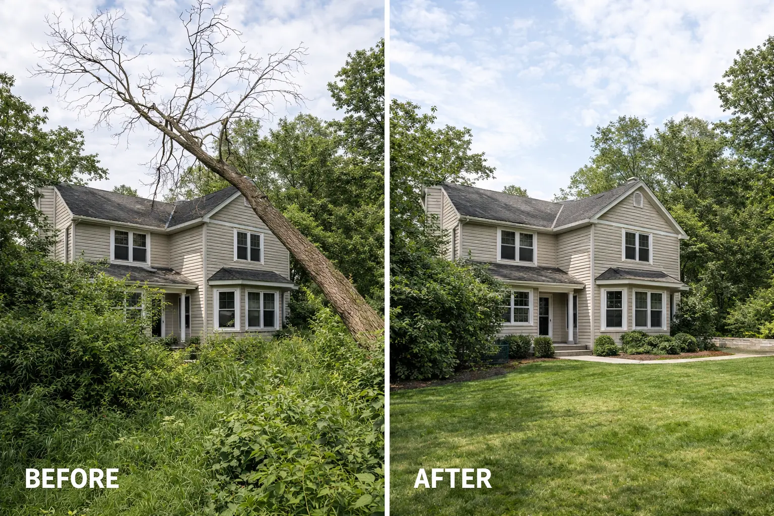 Before and after hazardous tree removal Michigan home
