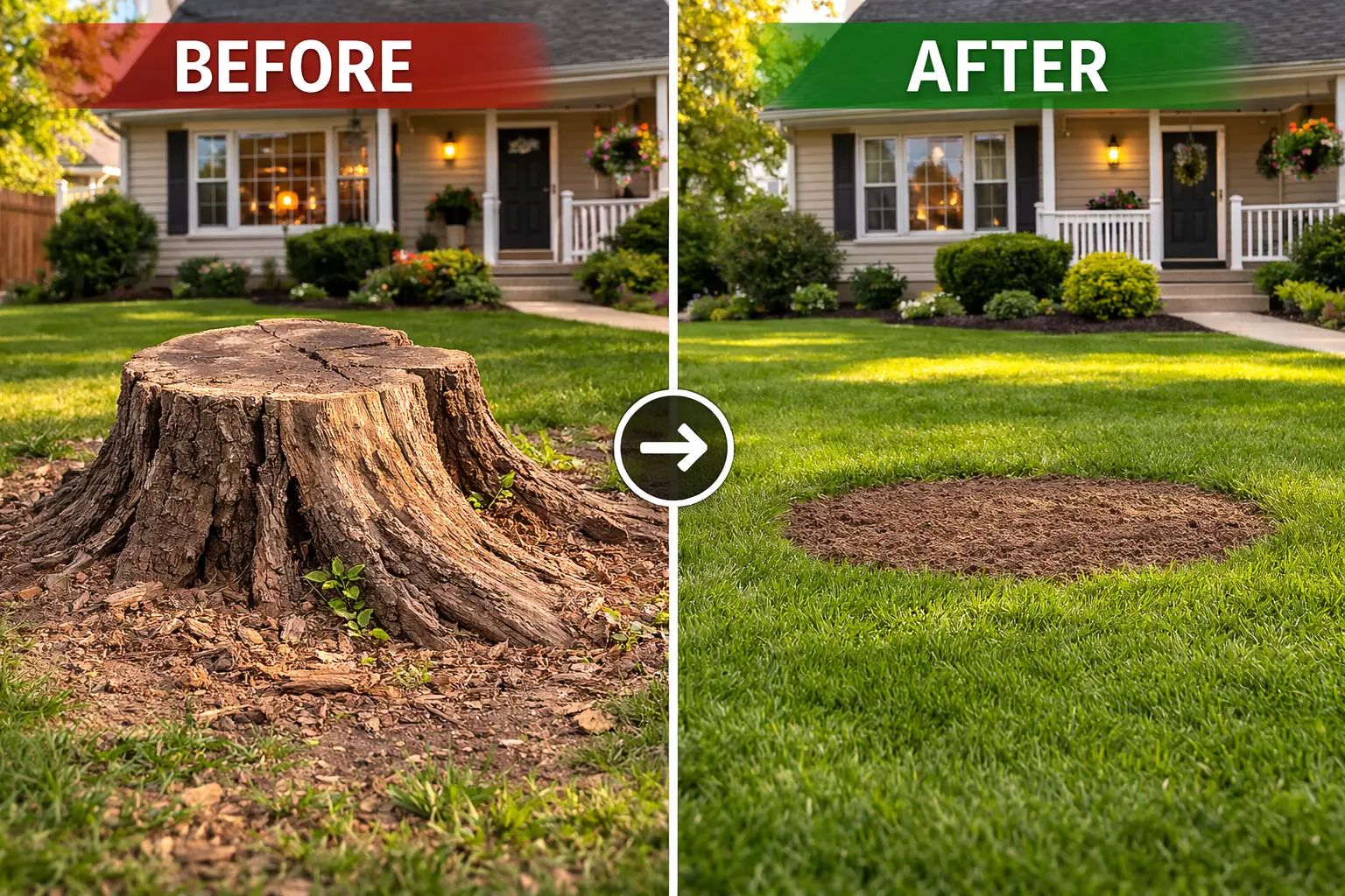 Before and after stump grinding clean yard Michigan