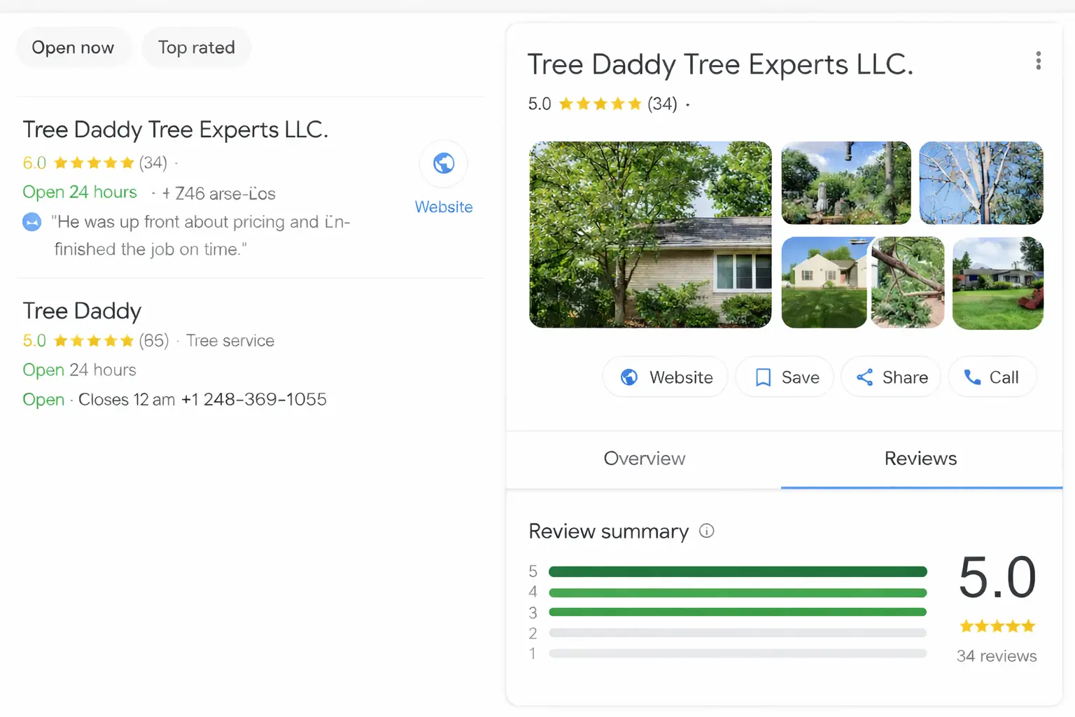 Tree Daddy Tree Experts 5-star Google Reviews screenshot