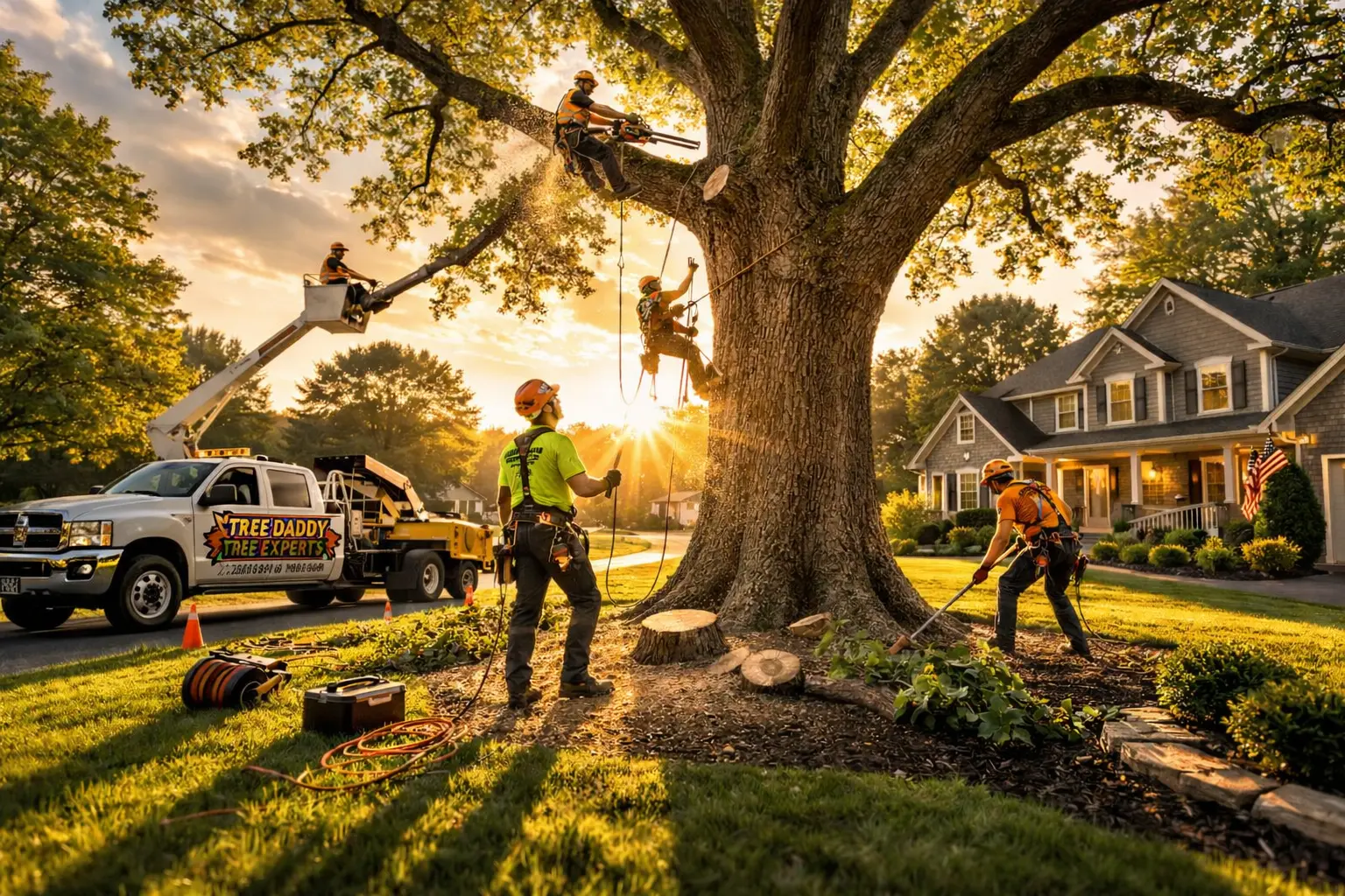 Professional tree service crew working in Michigan yard